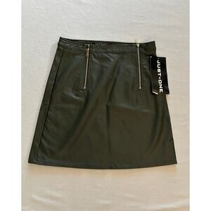 M Just One Olive Green Faux Leather Mini Skirt NWT Bikercore Edgy Modern Grunge